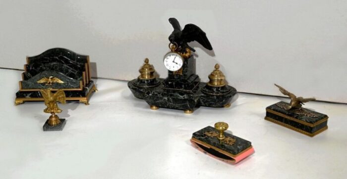 empire style marble and bronze clock set late 1800s set of 5 3