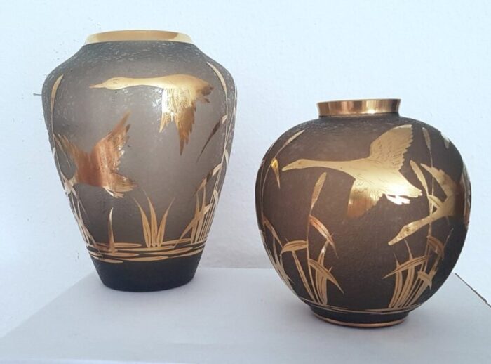 etched glass vases with gilt decoration and rim by alfred taube for fuege taube 1960s set of 2 1