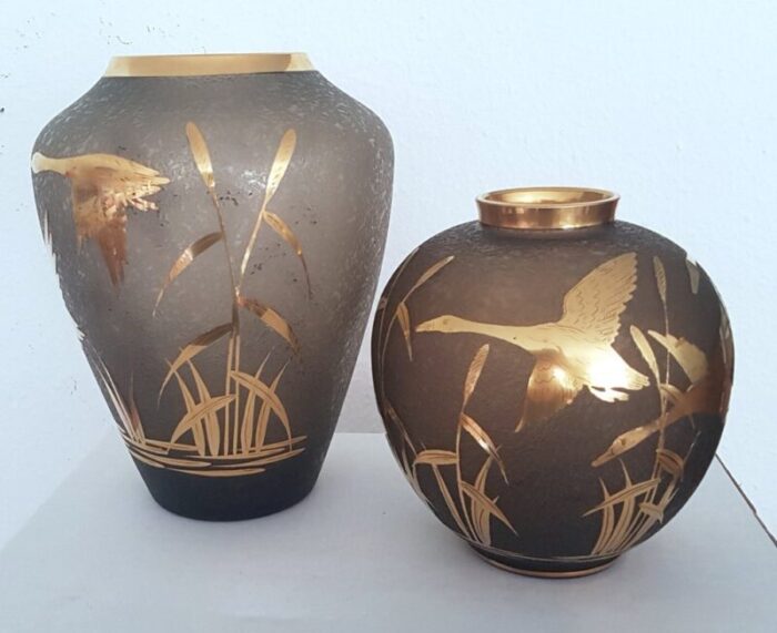 etched glass vases with gilt decoration and rim by alfred taube for fuege taube 1960s set of 2 4