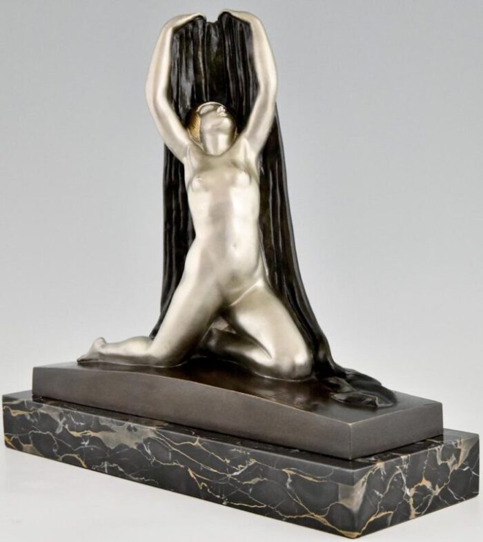 f trinque art deco nude with drape 1920s bronze and marble 0447