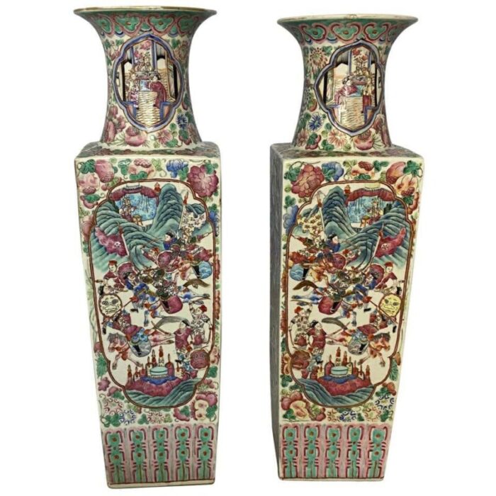 famille rose canton vases set of 2 1