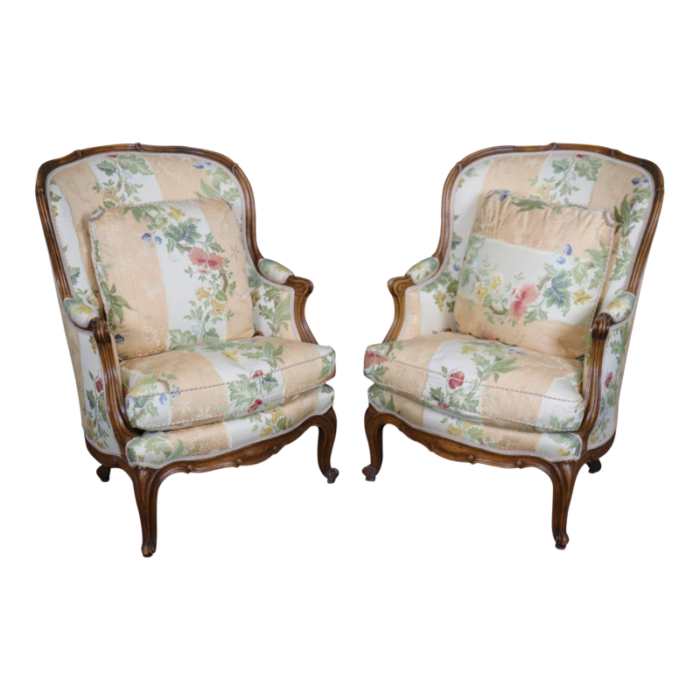 fantastic pair of carved walnut french louis xv style bergere chairs 8398