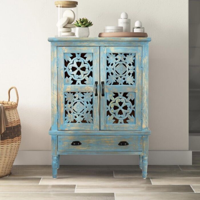 farmhouse style lattice carved solid wood wide 2 door storage cabinet 3480