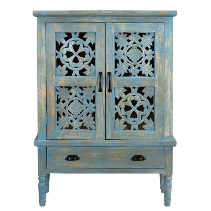 farmhouse style lattice carved solid wood wide 2 door storage cabinet 7874