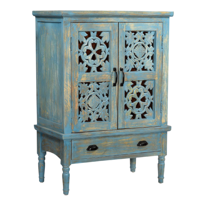 farmhouse style lattice carved solid wood wide 2 door storage cabinet 8219