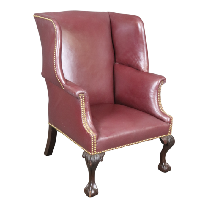 fine quality burgundy leather nail head trim chippendale mahogany wingchair 1254