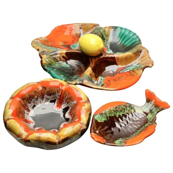 fish and oyster plates with drip glaze from vallauris set of 3 1