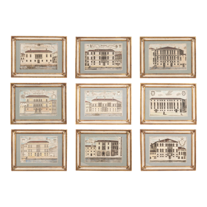 framed colored engravings of venetian palazzoss set of 9 0498