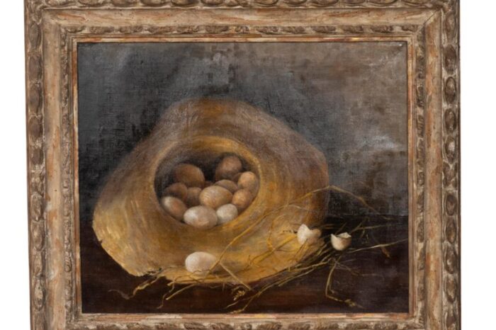 framed oil on canvas eggs in a straw hat 0283