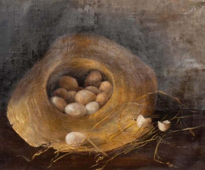 framed oil on canvas eggs in a straw hat 4600