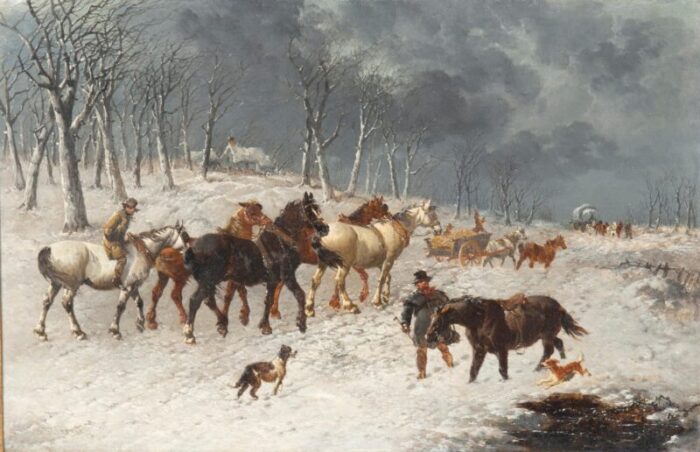 framed oil on canvas winter horse scene by john f herring 0482