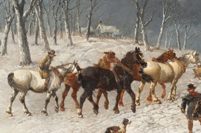 framed oil on canvas winter horse scene by john f herring 2693