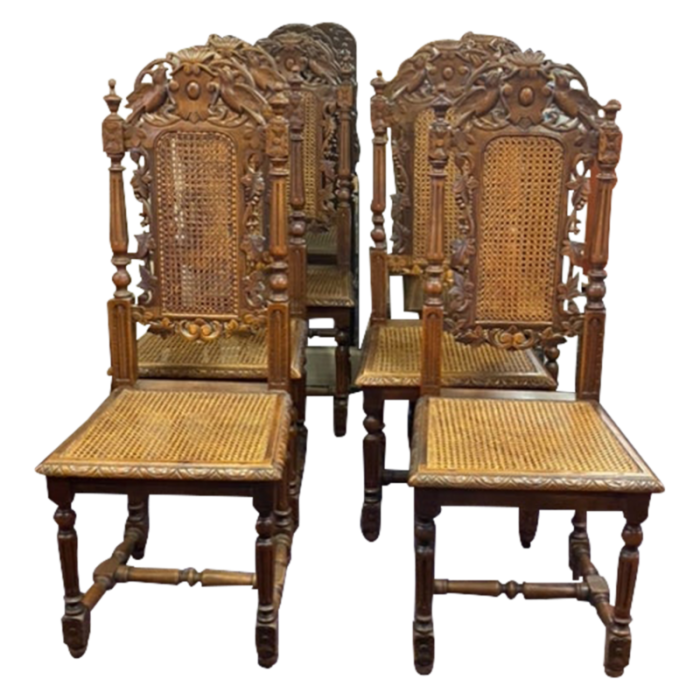 french antique carved walnut hunt style renaissance cane side chairs set of 6 3677