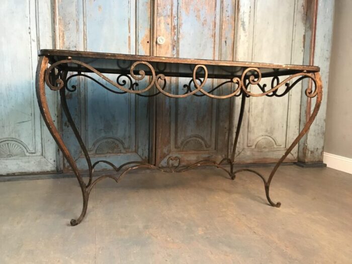 french art deco wrought iron dining table with black colored glass 1930s 3815