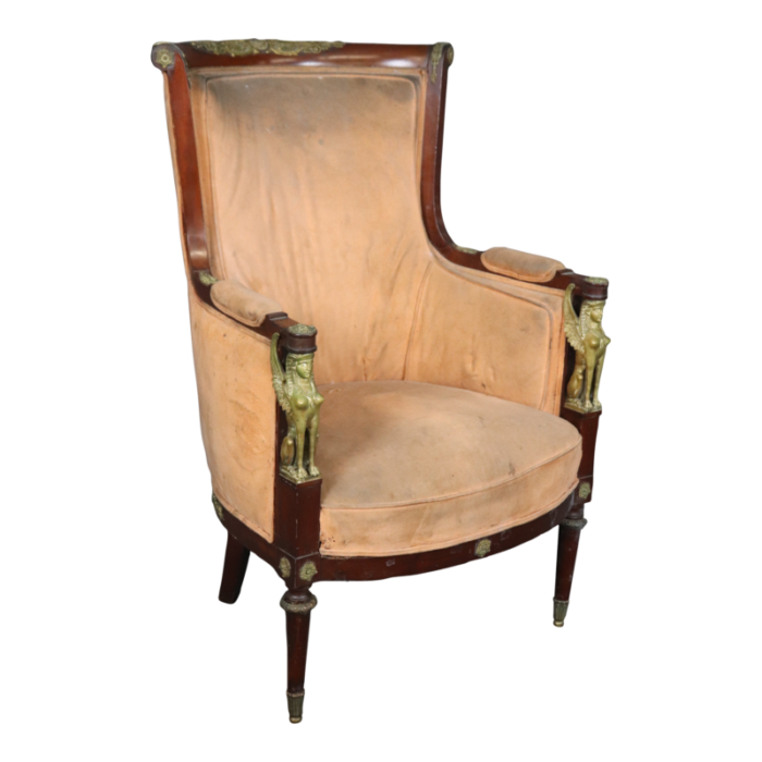 french empire egyptian revival solid mahogany bergere chair with bronze sphinxs 5278