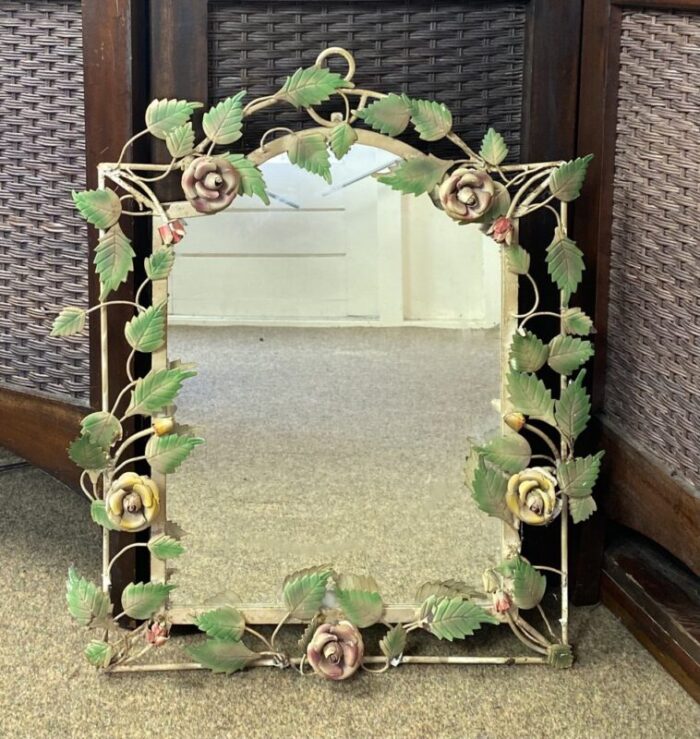 french painted tole flower wall mirror 1950s 1