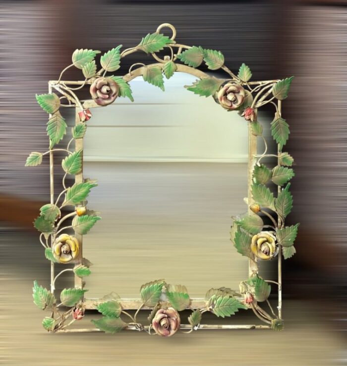 french painted tole flower wall mirror 1950s 2