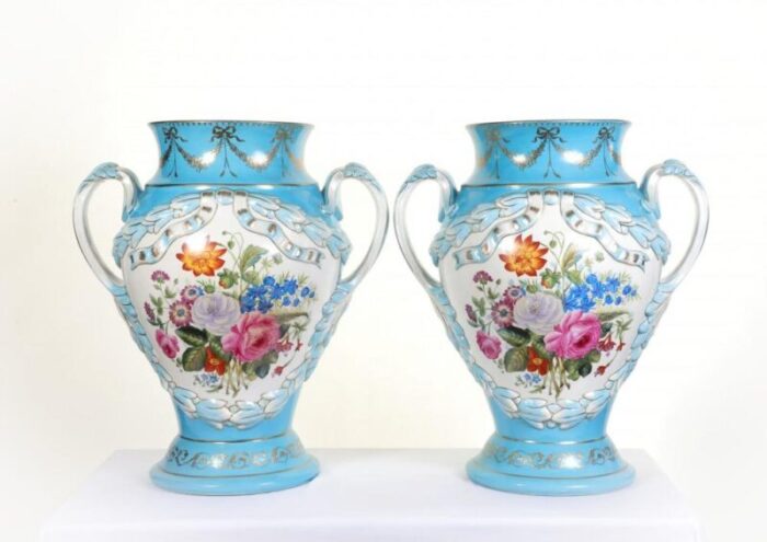 french porcelain floral urn vases in the style of sevres set of 2 1