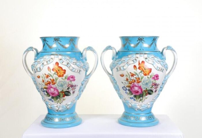 french porcelain floral urn vases in the style of sevres set of 2 15