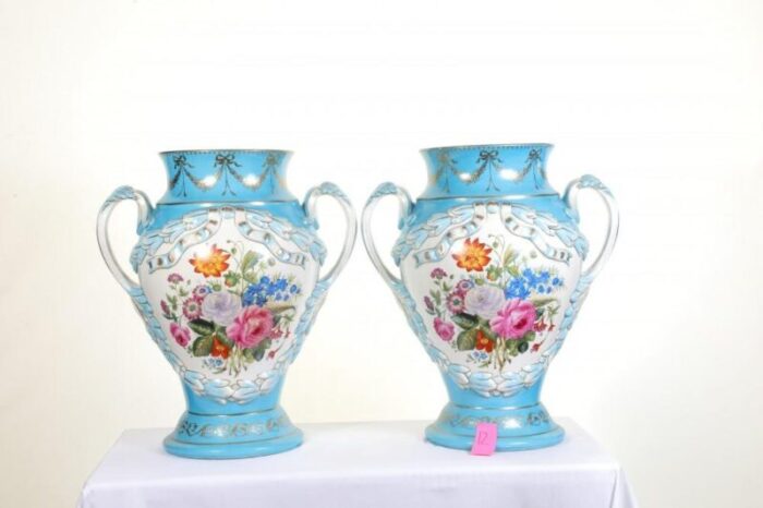 french porcelain floral urn vases in the style of sevres set of 2 3