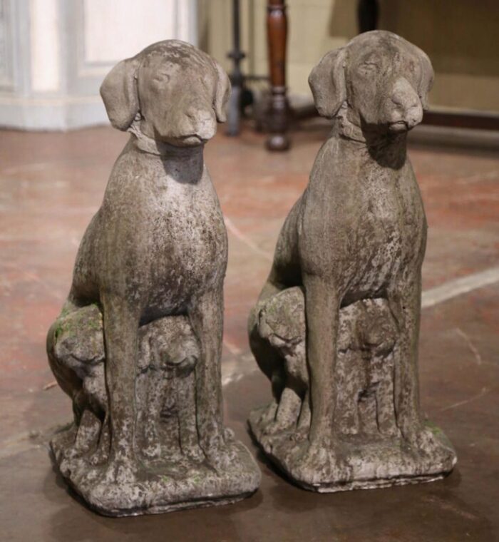 french weathered carved stone labrador dog and puppy sculptures set of 2 1003