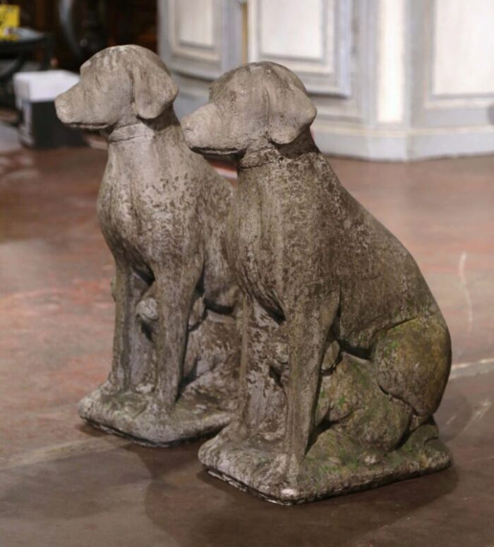 french weathered carved stone labrador dog and puppy sculptures set of 2 2094