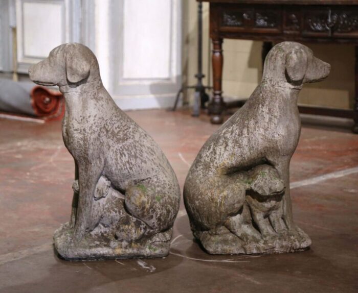 french weathered carved stone labrador dog and puppy sculptures set of 2 6871