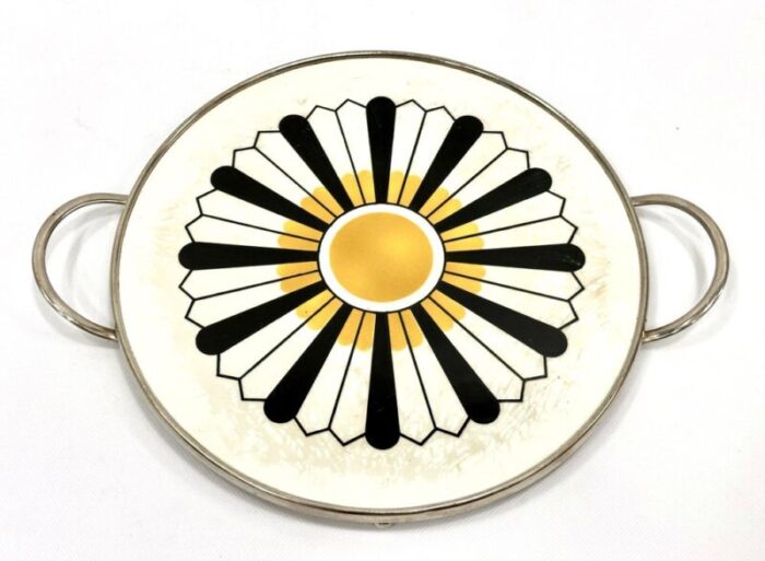 german art deco ceramic round serving tray with chromed frame 1940s 1