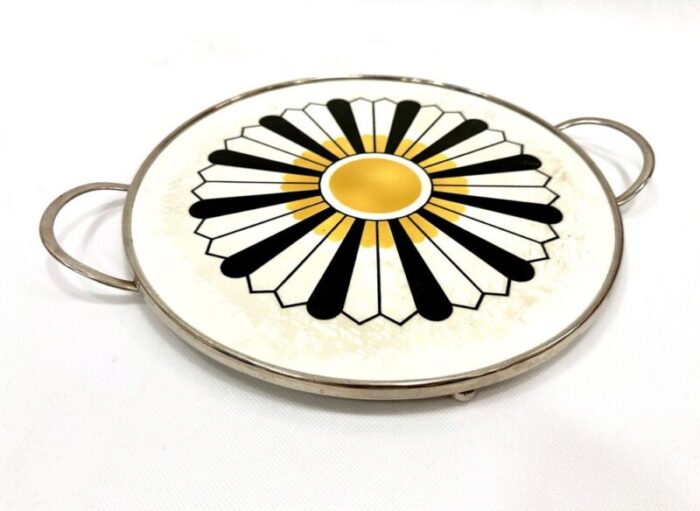 german art deco ceramic round serving tray with chromed frame 1940s 3