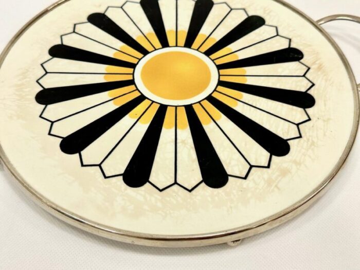 german art deco ceramic round serving tray with chromed frame 1940s 5