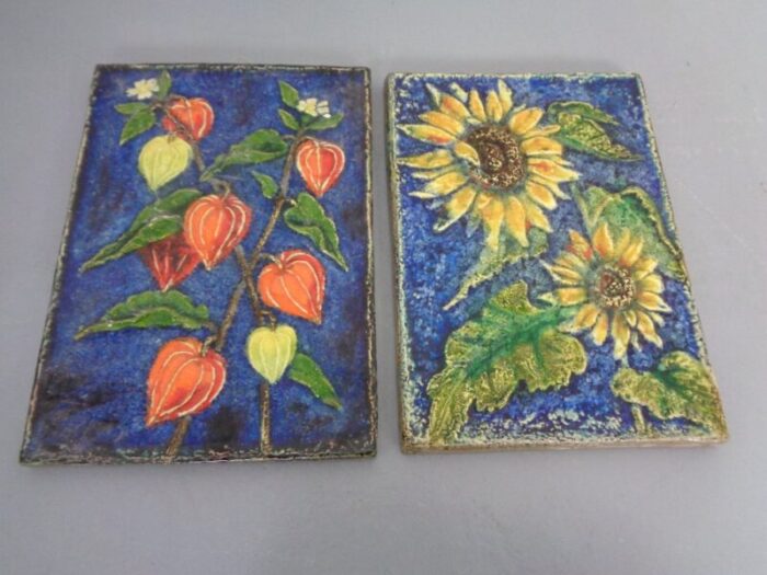 glazed ceramic wall panels with flowers by werner meschede for karlsruher majolika 1960s set of 2 1