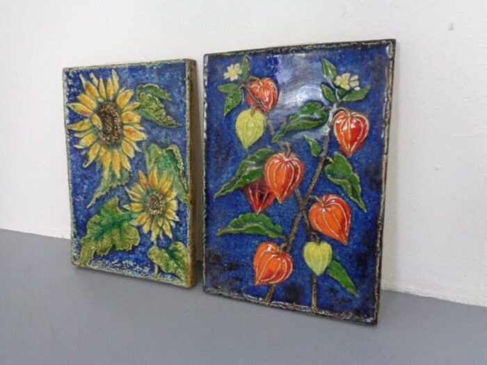 glazed ceramic wall panels with flowers by werner meschede for karlsruher majolika 1960s set of 2 2