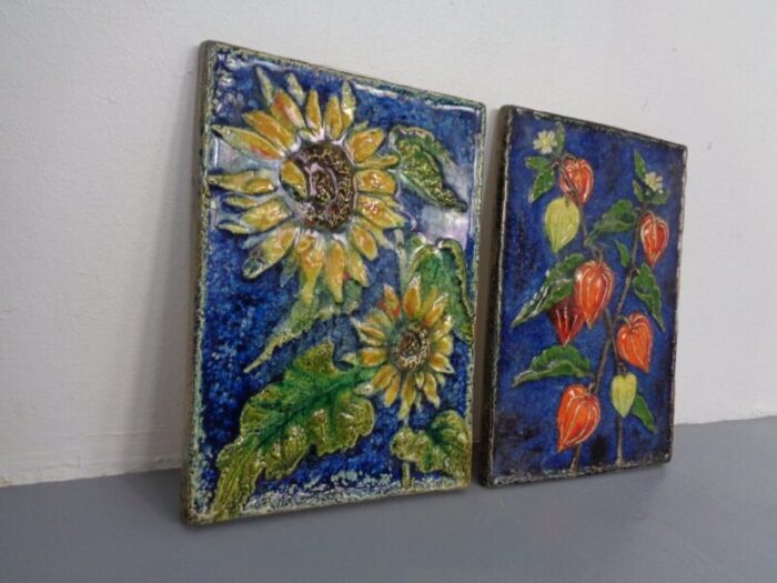 glazed ceramic wall panels with flowers by werner meschede for karlsruher majolika 1960s set of 2 3