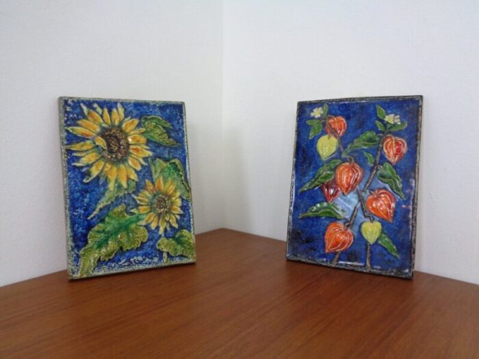 glazed ceramic wall panels with flowers by werner meschede for karlsruher majolika 1960s set of 2 4