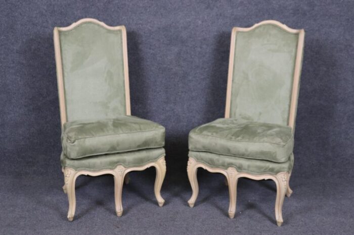 gorgeous pair of rare 5 leg french louis xv style limed walnut side chairs 6525