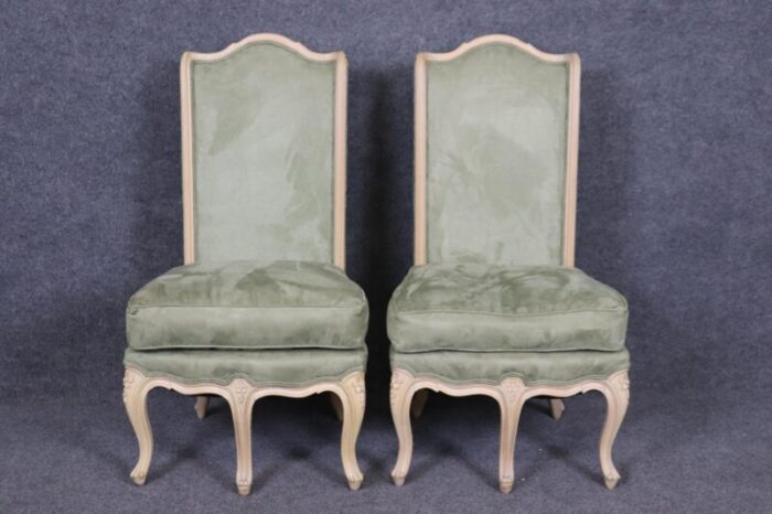 gorgeous pair of rare 5 leg french louis xv style limed walnut side chairs 7410