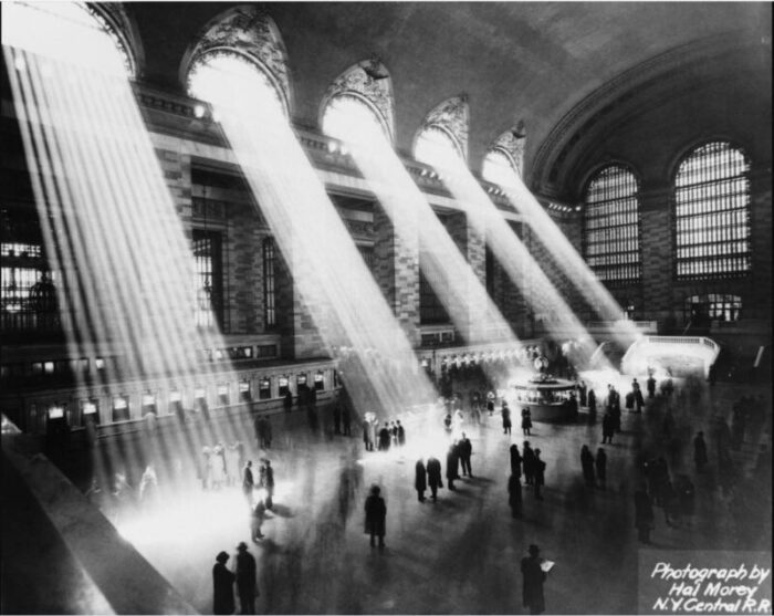 hal moray sun beams into grand central station 1930s silver gelatin fibre print 8111