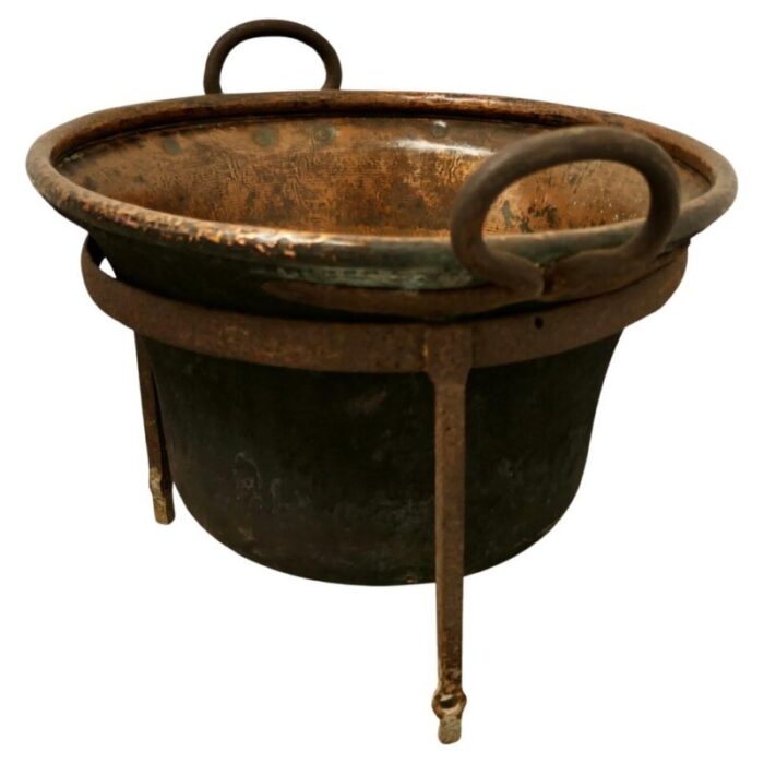 hand beaten copper cooking cauldron on stand 1850s 1