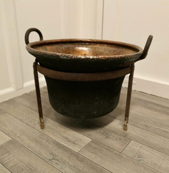 hand beaten copper cooking cauldron on stand 1850s 2