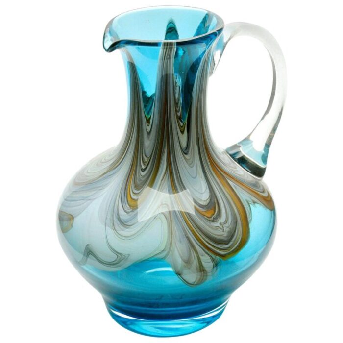 hand blown art glass pitcher with agate colored swirls handle 1