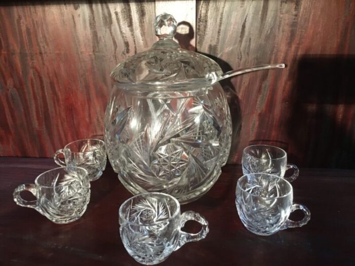 hand cut crystal vase set with lid and 5 cups 1970s set of 8 1