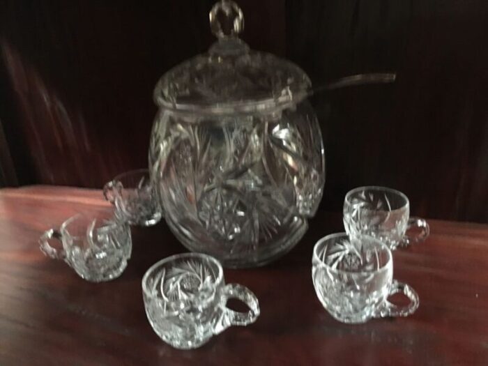 hand cut crystal vase set with lid and 5 cups 1970s set of 8 2