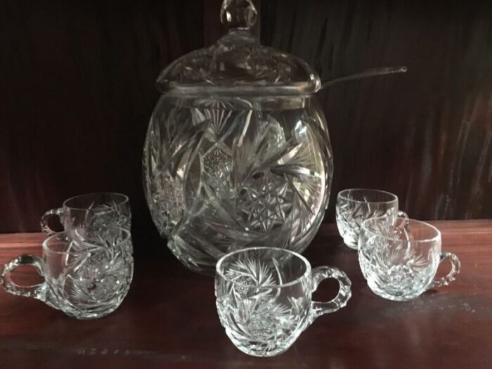 hand cut crystal vase set with lid and 5 cups 1970s set of 8 3