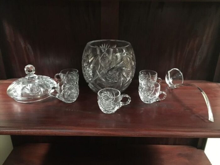 hand cut crystal vase set with lid and 5 cups 1970s set of 8 7