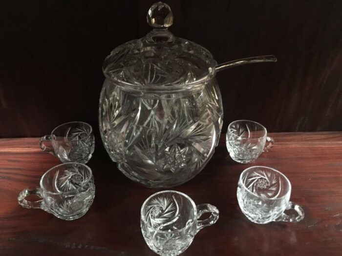 hand cut crystal vase set with lid and 5 cups 1970s set of 8 8