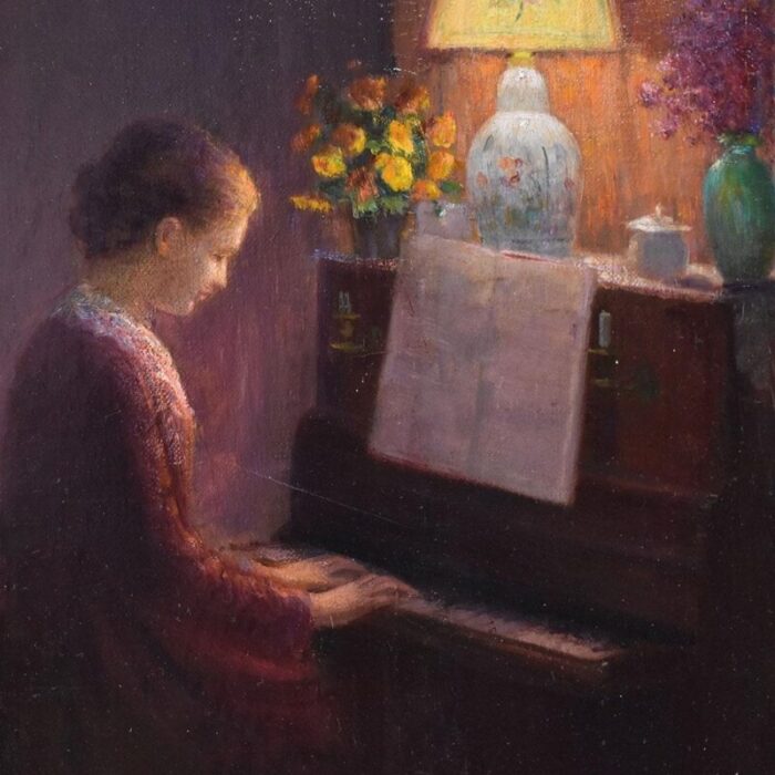 henri charles angeniol young woman playing the piano oil on canvas 20th century framed 0380