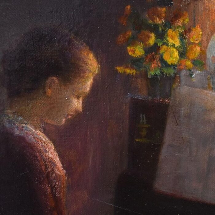 henri charles angeniol young woman playing the piano oil on canvas 20th century framed 3403