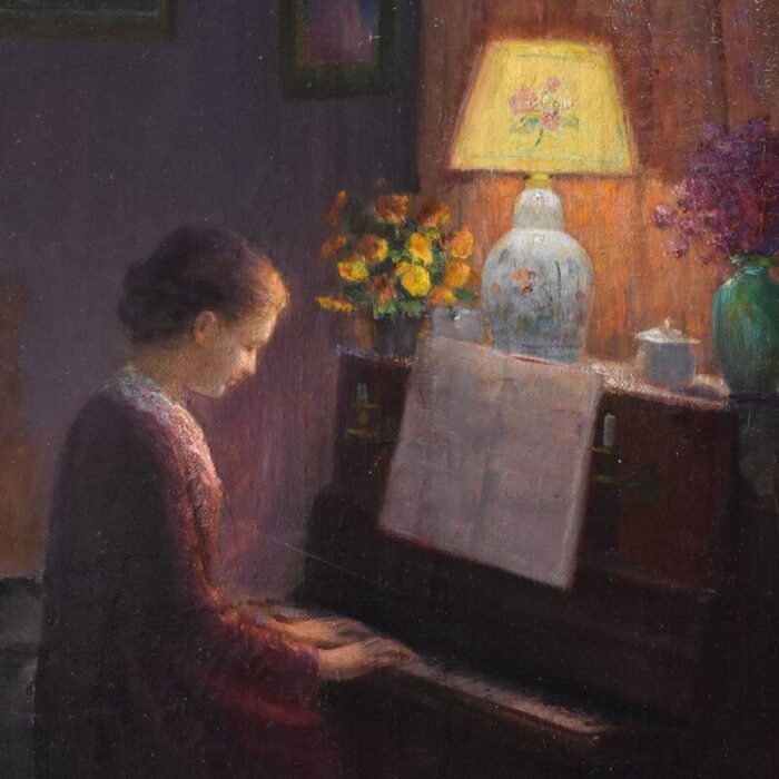 henri charles angeniol young woman playing the piano oil on canvas 20th century framed 7044