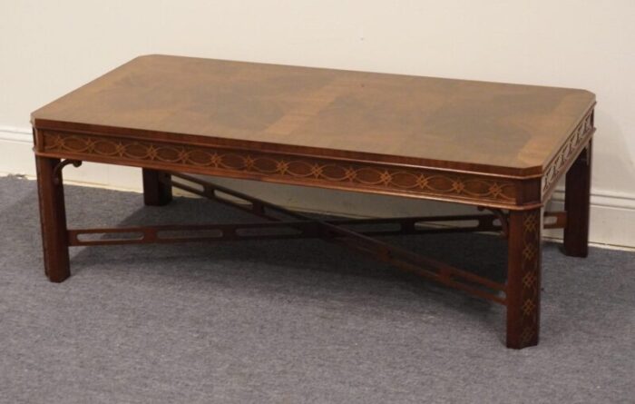 high end traditional chippendale style banded mahogany 48 accent coffee table 4393