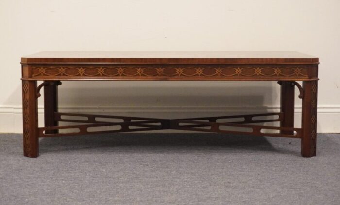 high end traditional chippendale style banded mahogany 48 accent coffee table 5854